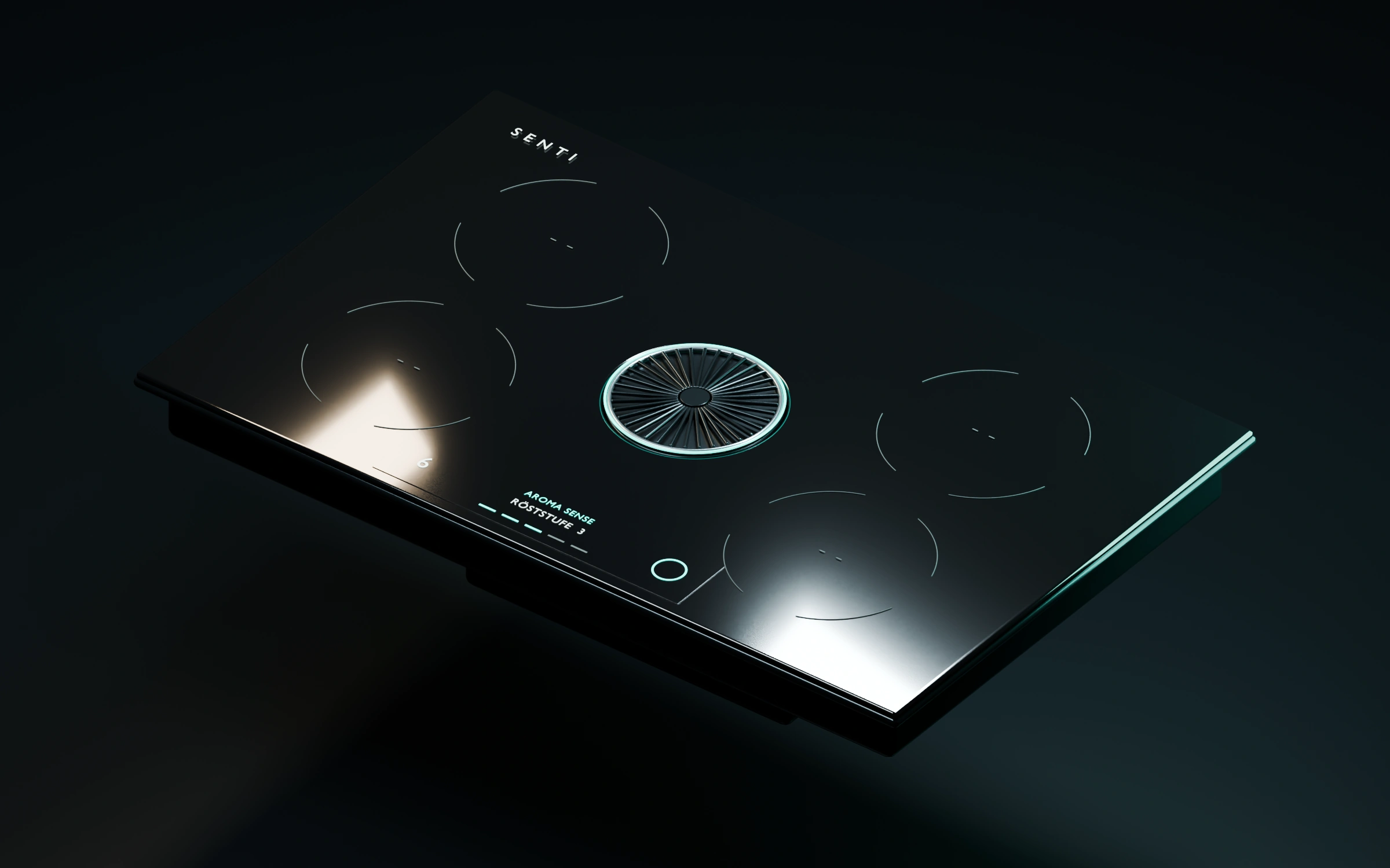 3D-Studiopräsentation des SENTI One Kochfelds aus schwarzem Ceranglas mit kreisförmigem Abzug und Touchpanel